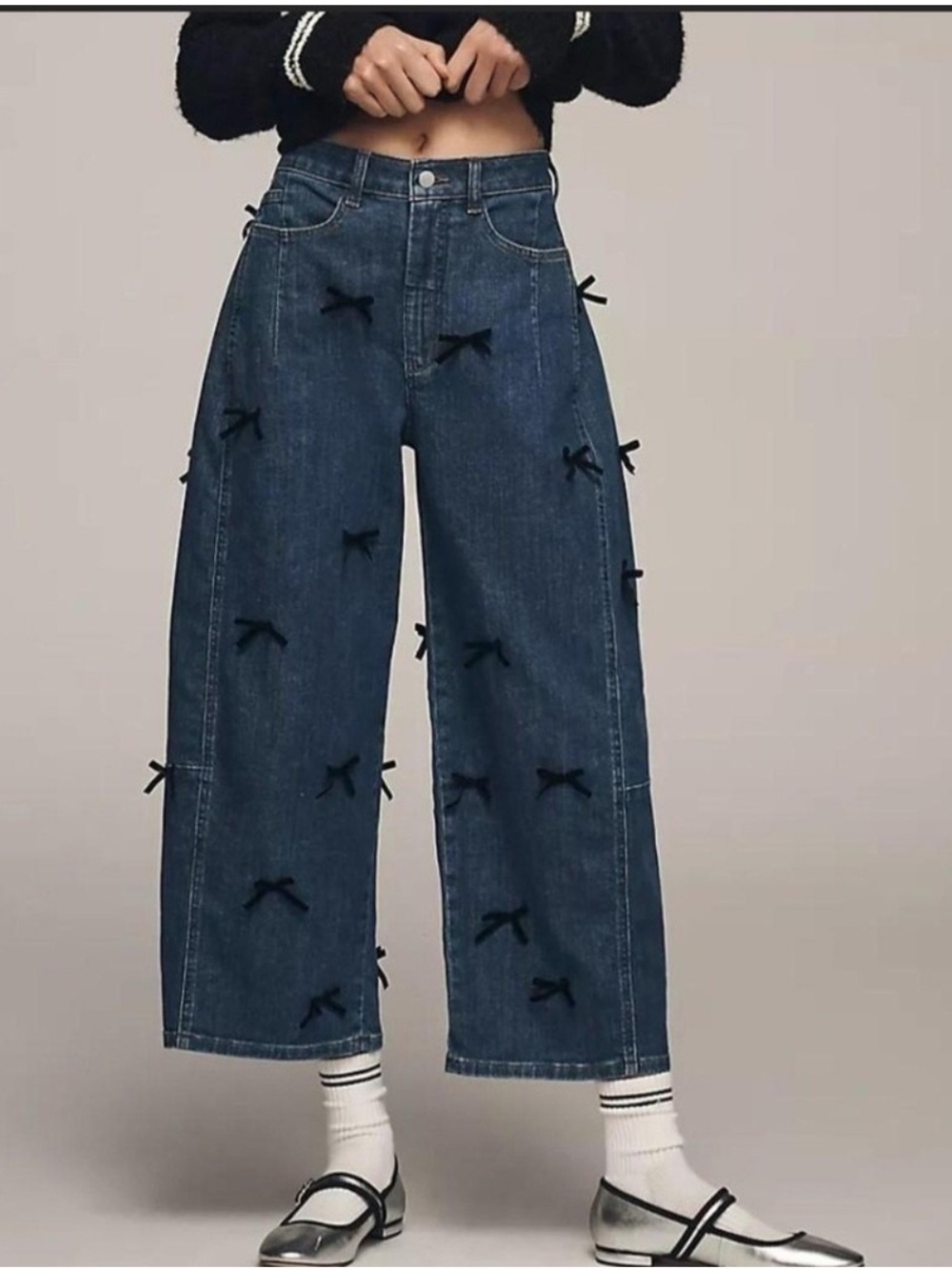 Pilcro Kenna High Rise Barrel Jeans Scattered Black Bow Accents Size 34